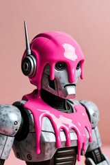 Fototapeta premium Metallic robot portrait with pink substance dripping over its head and shoulders against a pink backdrop