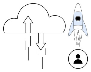 Cloud with arrows showing data exchange, a launching rocket, and a user avatar. Ideal for technology, innovation, cloud computing, data transfer, digital progress, startup growth simple flat