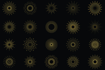 Vintage sun rays collection. Sunburst set, sunbeam icons. Explosion, firework, sparks and rays sunset. Collection shiny sunburst on black background. Vector illustration. 