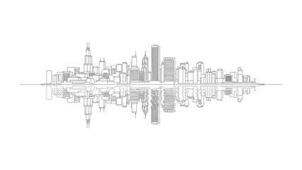 Naklejka premium Skyline Reflection: A stunning illustration of a city skyline is perfectly mirrored in the water. The image showcases the intricate architecture. A tranquil ambiance. 