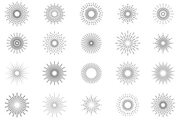 Vintage sun rays collection. Sun rays and sunsets and Sunburst on a white background. Explosion, firework, rays sunset, star light, logo, emblem. Vector illustration.