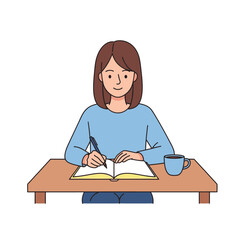 Woman Writing in Notebook, Illustration. Studying, Journaling
