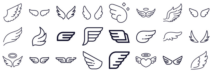 Collection of diverse angel and bird wing icons in outline style © Papri_stock