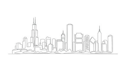 Fototapeta premium City Skyline Outline: A minimalist line drawing captures the essence of a city skyline, emphasizing architectural silhouettes and urban form. The clean lines evoke a sense of modern design.