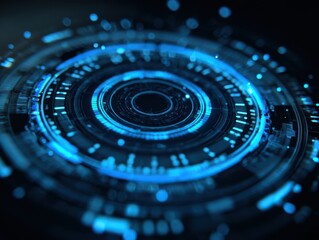futuristic digital interface with concentric circles and intricate patterns in bright blue and cyan hues glowing in a dark background with ample copyspace concept of technology innovation design