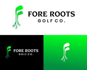Logo design letter F wordmark golf stick and a tree root.

