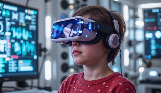A young boy uses a virtual reality headset for immersive learning in a futuristic tech lab. Child experiencing modern educational technology for the future of STEM