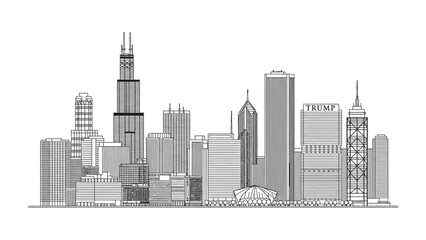 Naklejka premium Urban Silhouette: A precise monochrome illustration of an iconic city skyline showcasing various architectural marvels, symbolizing urban grandeur. 