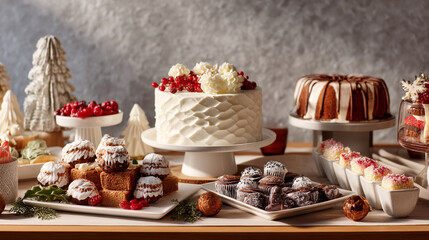 A festive dessert table with cakes cupcakes and other sweets for celebration