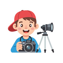 Boy Photographer with Camera and Tripod, Cartoon Illustration