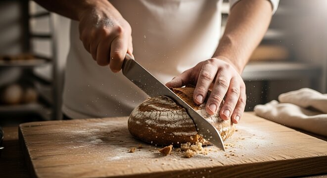 Baker slicing crusty bread loaf with knife on wooden cutting board.