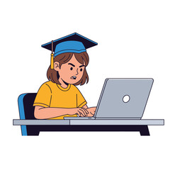 Online Education Graduating Student with Laptop, Graduation Cap