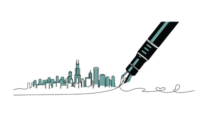 Pen Strokes & Cityscapes: An illustration capturing the essence of a cityscape being brought to life by the stroke of a pen. Showcasing creativity and design of a building