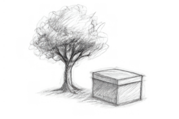 Tree and box pencil drawing illustration on transparent background, showing nature and objects sketch concept