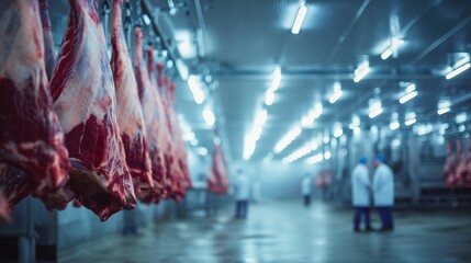 Hanging beef carcasses in an industrial cold room meat processing facility