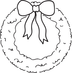 Hand-drawn Christmas wreath with bow. Minimal holiday decoration illustration for festive cards and seasonal designs