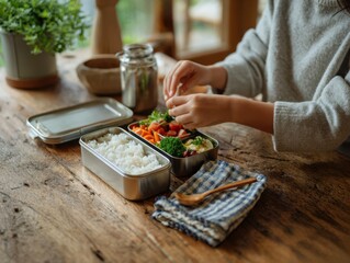 person preparing meal in stainless steel lunchbox on rustic wooden table with rice and colorful vegetables under soft natural light concept of healthy eating mindfulness and culinary arts