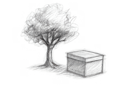 Tree and box pencil drawing illustration on transparent background, showing nature and objects sketch concept