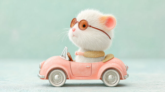 Secret agent, A humorous 3D image of a secret agent hamster driving a tiny spy car.