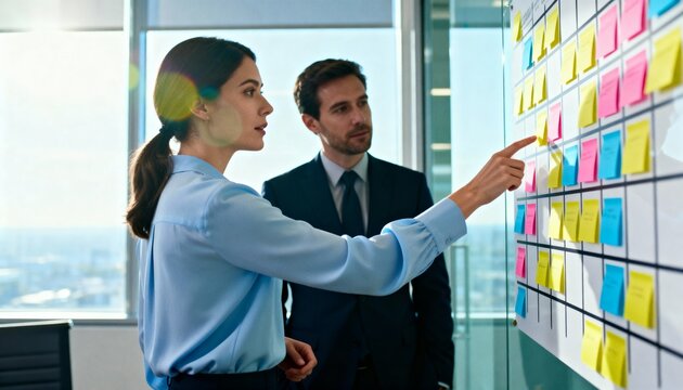 Business colleagues discussing project strategy on sticky notes board