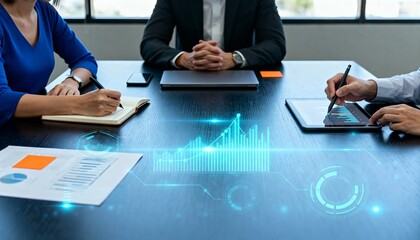 Business team meeting with data analytics and financial charts overlay
