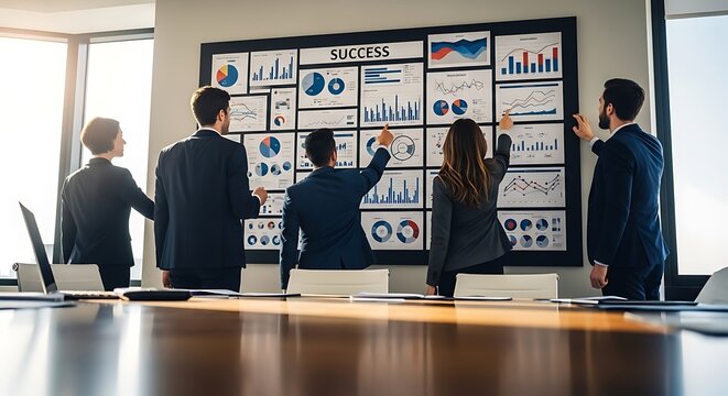 Business team analyzing data charts on a success board in a meeting room