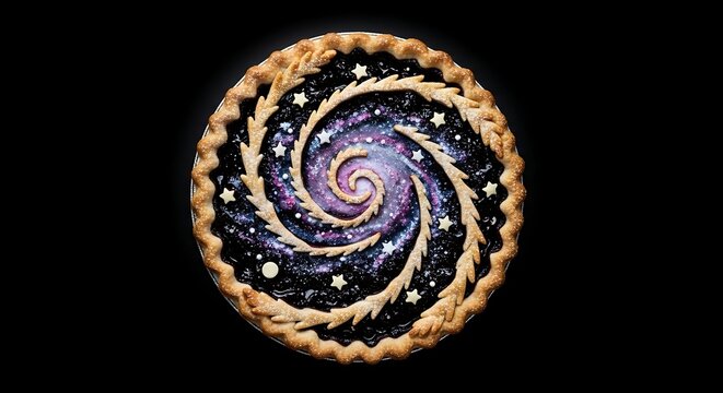 Delicious galaxy pie with a spiral nebula design on a black background perfect for space themed events
