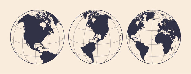 Naklejka na ściany i meble Globe, map, North South America. Earth globe with United States of America, USA. Europe, Asia, America, Oceania globe set. Map of America, USA Earth globe sign, symbol, circle. Vector Illustration