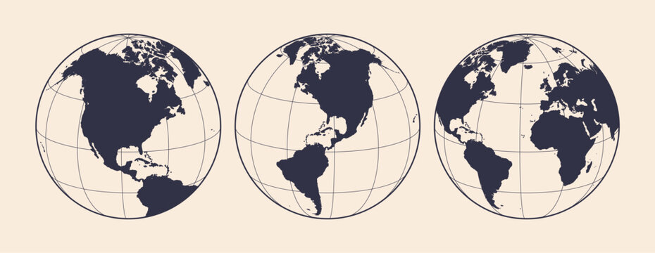 Globe, map, North South America. Earth globe with United States of America, USA. Europe, Asia, America, Oceania globe set. Map of America, USA Earth globe sign, symbol, circle. Vector Illustration