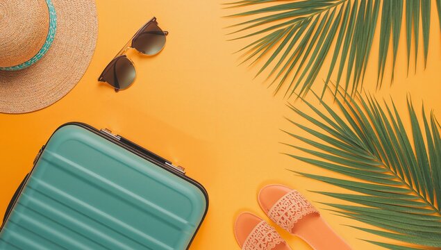 Summer Essentials on a Textured Background, Featuring a Palm Leaf and a Suitcase.