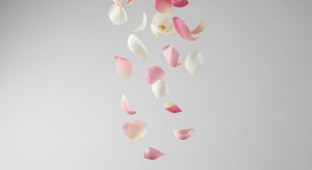 Soft pink and white rose petals gently falling against a clean, neutral background, evoking romance, beauty, and delicate elegance