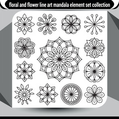 Intricate floral mandala elements and flower line art collection for design projects vector