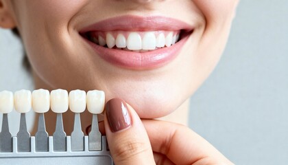 Close up of woman's smile with teeth shade selection guide in hand