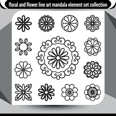 Collection of decorative floral and flower line art mandala elements for design projects vector