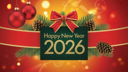 2026 luxurious new year card gold serif text green banner red ornaments pine cones festive bokeh backdrop

