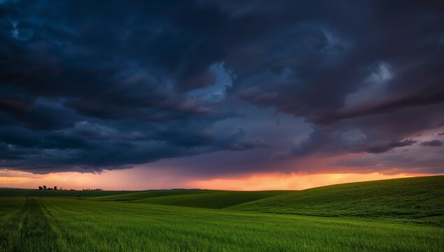 Verdant Slopes, Twilight Glow. A Dramatic Landscape of Contrasting Colors. - Powered by Adobe