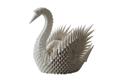 Intricate 3d origami swan sculpture detailed artistic craftsmanship delicate paper art isolated on transparent background