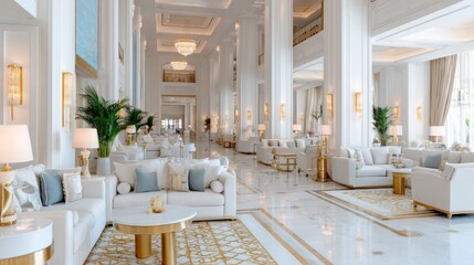 Bright luxury hotel lobby with white sofas, gold accents, chandeliers, and plants, elegant interior style and architecture