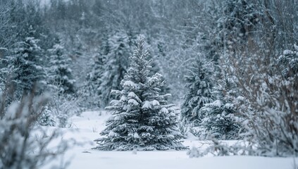 Winters Embrace. A Landscape of SnowDusted Trees in a Forest, Quiet and Still.