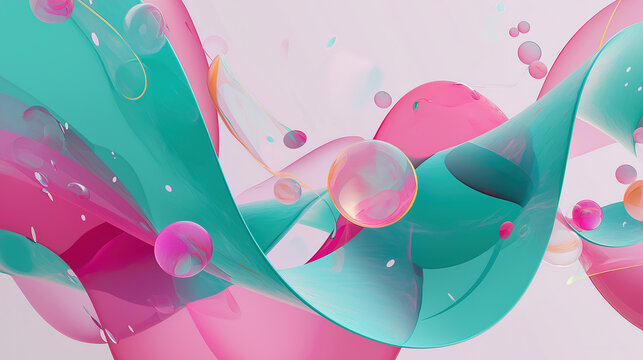Colorful abstract 3D composition with floating shapes and dynamic swirls in colorful objects and pastel tones