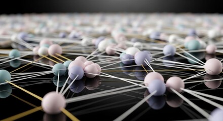 Soft, pastelcolored spheres connected by thin lines, forming an intricate web symbolizing relationships, social networks, and interconnectedness