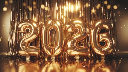 Golden balloons spelling out the year 2026 with a shimmering gold curtain background and bokeh lights.