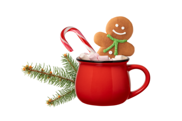 Gingerbread man cookie and red white candy cane with marshmallow in ceramic cup of hot chocolate drink  isolated on white background.
