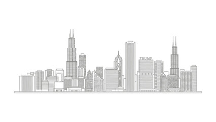 Fototapeta premium Chicago Skyline Silhouette: The elegant line drawing of Chicago skyline, an iconic urban landscape with recognizable skyscraper, under a clear sky. 