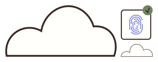 Cloud outline with a fingerprint icon and a checkmark highlighting verified access. Ideal for data protection, technology, cloud services, cybersecurity, digital authentication, privacy, simple flat