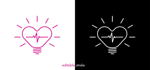 Abstract editable stroke heart shape light bulb illustration with cardiogram, heartbeat line vector design to use for healthcare, business, healthy lifestyle, medical science illustration.