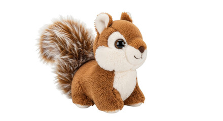 Cute cuddly plush squirrel toy with fluffy tail and big eyes for children isolated on transparent background