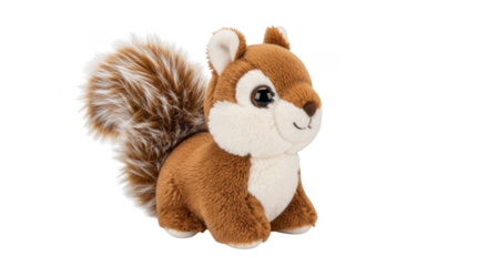 Cute cuddly plush squirrel toy with fluffy tail and big eyes for children isolated on transparent background