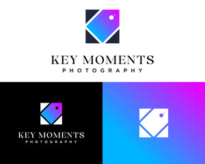KM monogram letter design logo and camera icon for photography activities.

