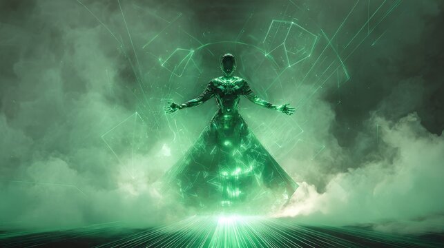 Ethereal digital goddess in a vibrant green dress, surrounded by geometric light, mist, and powerful energy, symbolizing a futuristic presence.